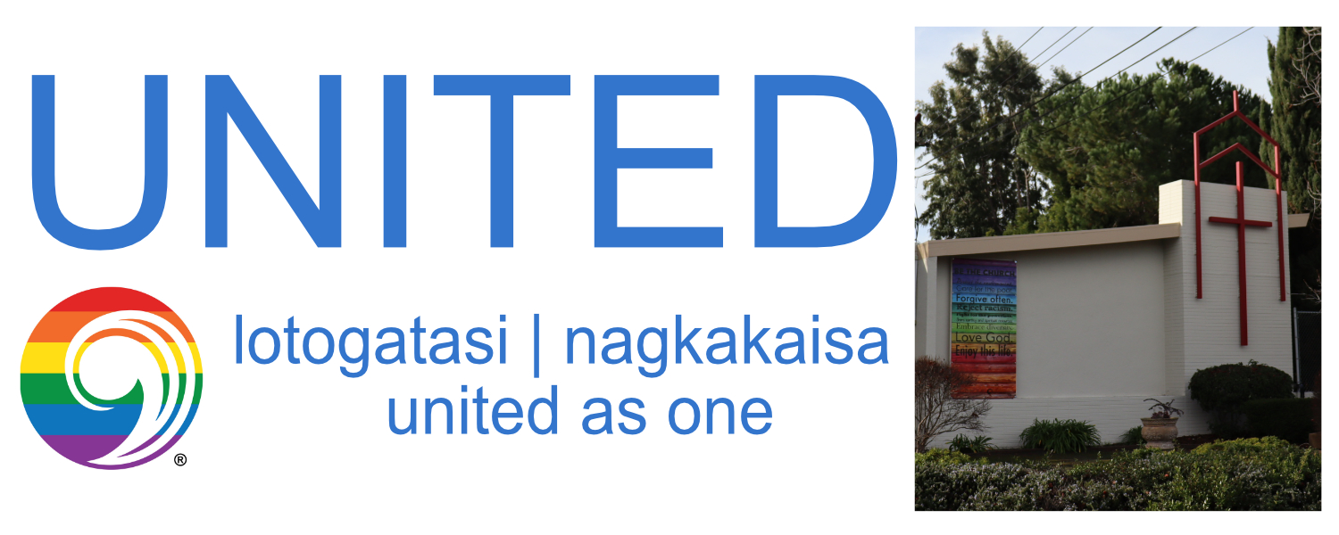 A rainbow comma, a white church with 3 interwoven crosses