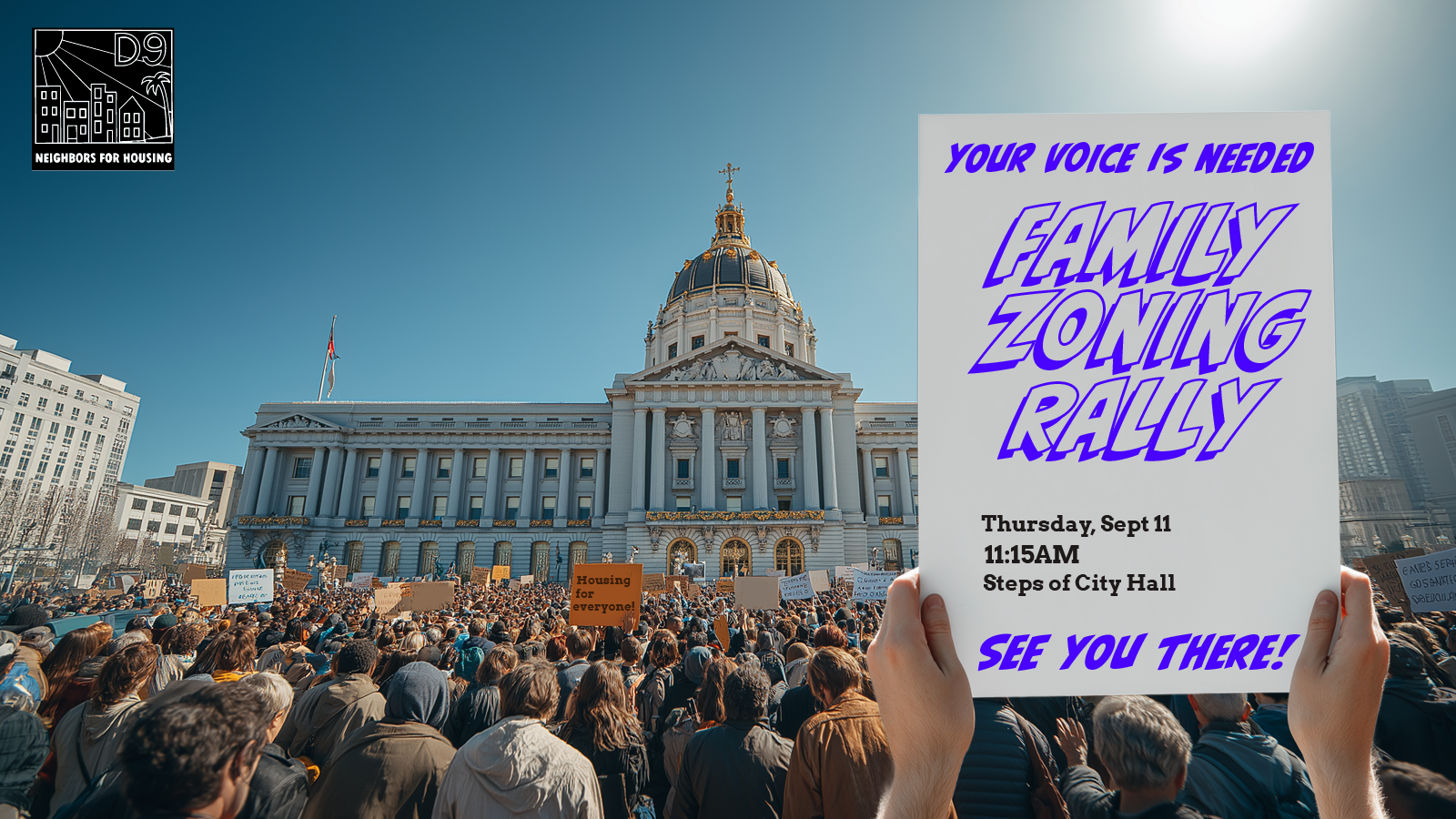 image of rally at SF city hall for family zoning plan