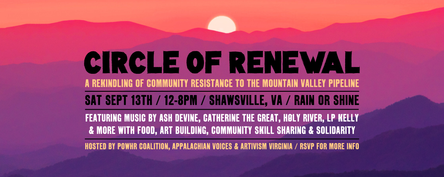 Circle of Renewal Banner Image on a colorful background with sun setting behind mountains.