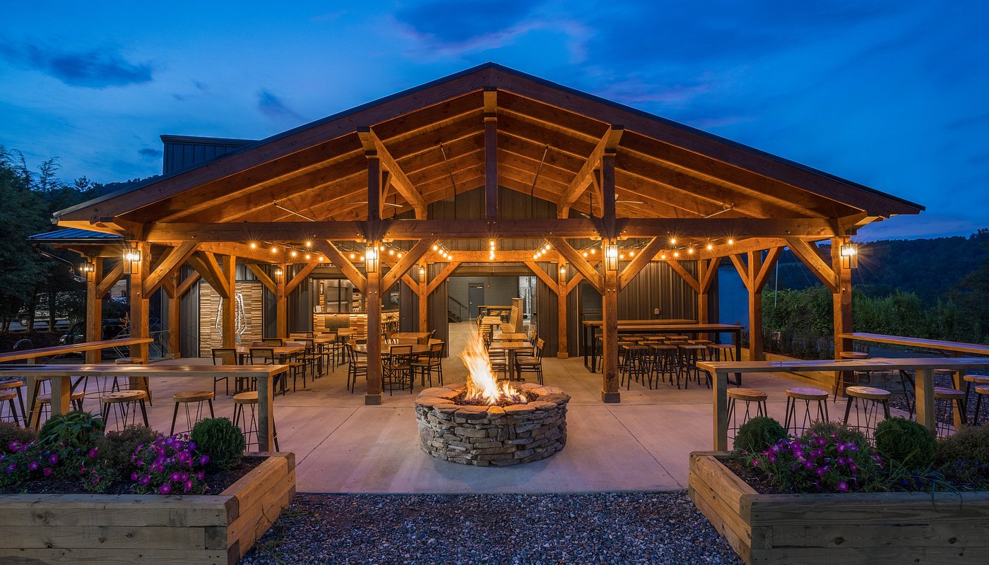Timber frame porch at Booneshine Brewing Co