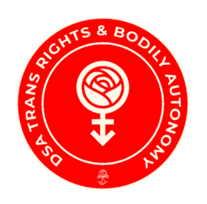 Circular red logo that reads "DSA Trans Rights & Bodily Autonomy" with a rose inside of a circle that has a downward arrow, which is often associated with the female gender.