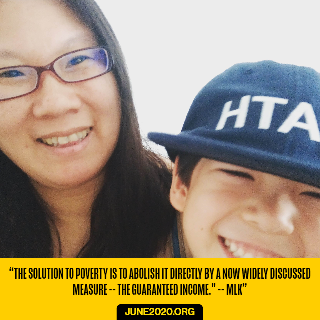 Faye and her son wearing MATH hat with quote from MLK to abolish poverty with a guaranteed income
