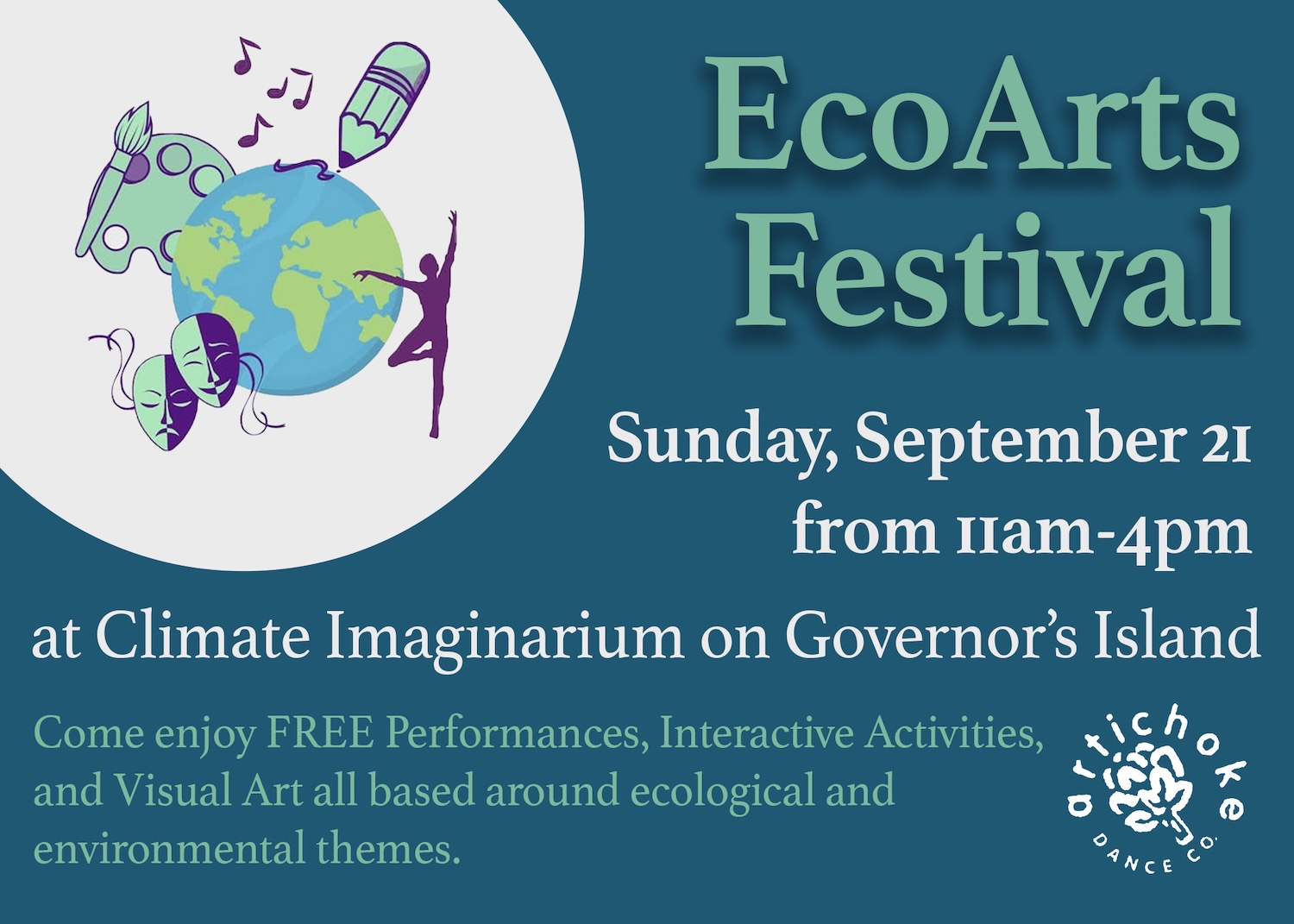 An image of the globe with performing and visual arts icons and text announcing the EcoArts Festival