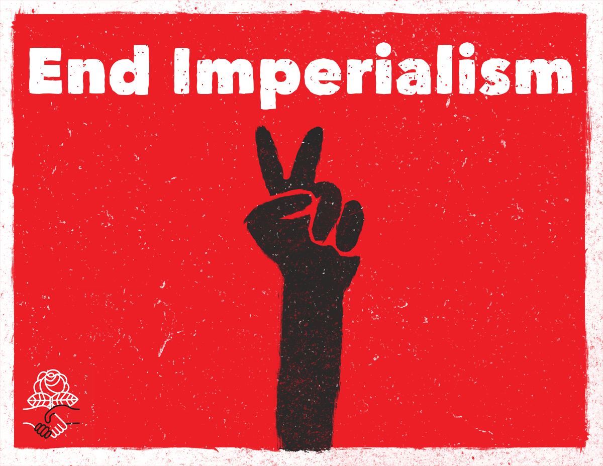 Hand giving peace sign, floating text saying "End Imperialism"