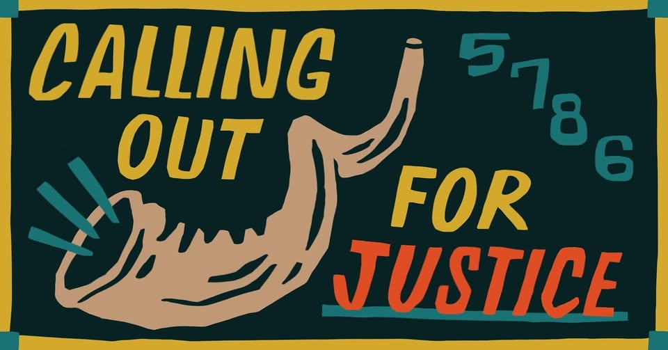 A shofar with the words "Calling out for Justice 5786." 