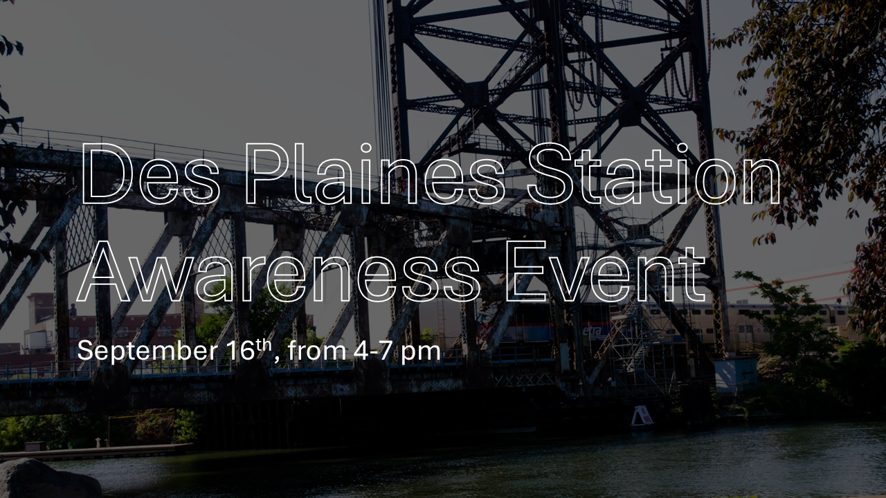 A header saying "Des Plaines Station Awareness Event", and below that, a smaller header "September 16th, from 4-7 pm"