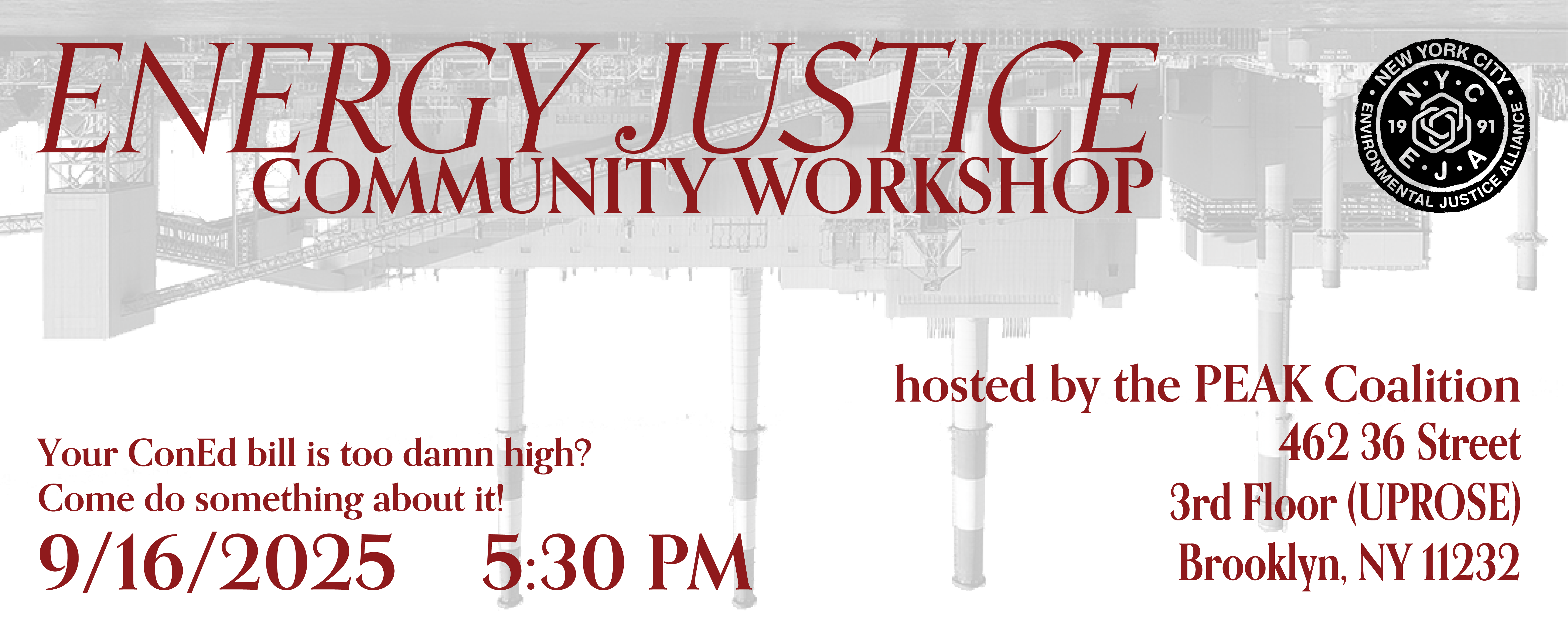 Banner showing the energy justice workshop date, time, and location.
