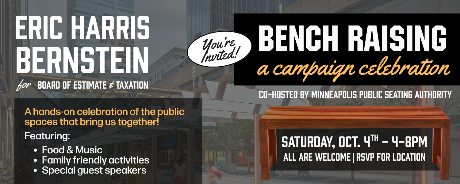 The image shares event details for Eric Harris Bernstein's Bench-Raising on Saturday, September 27 from 5 - 8pm. Food, music, and family activities. All are welcome, RSVP for location