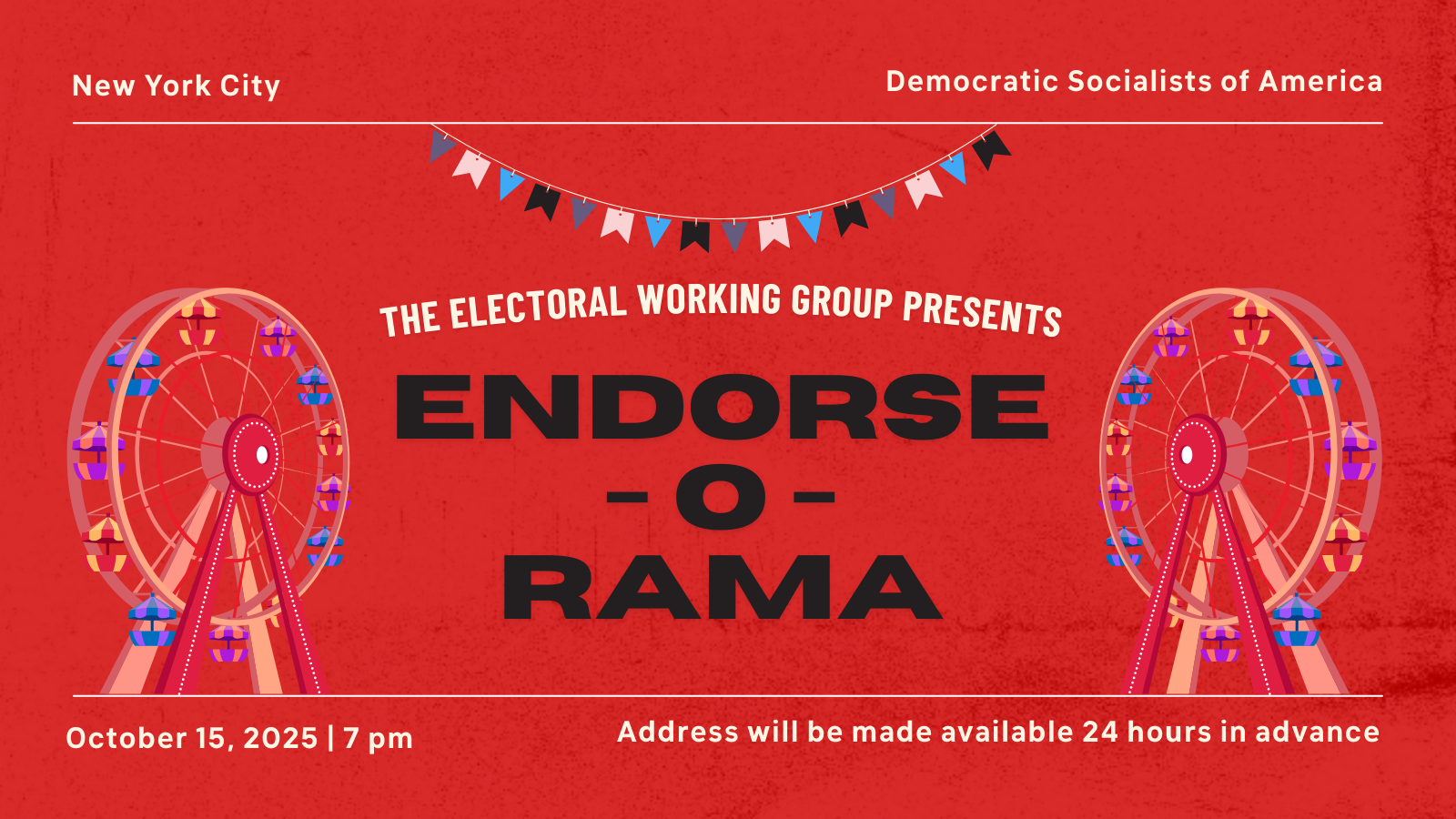 A colorful graphic with a carnival theme advertising the NYC-DSA electoral forums