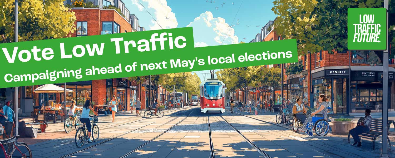 Banner showing a cartoon of a low traffic street. Lots of people walking, cycling, wheeling and a tram. Photo of Izzy Romilly and event information