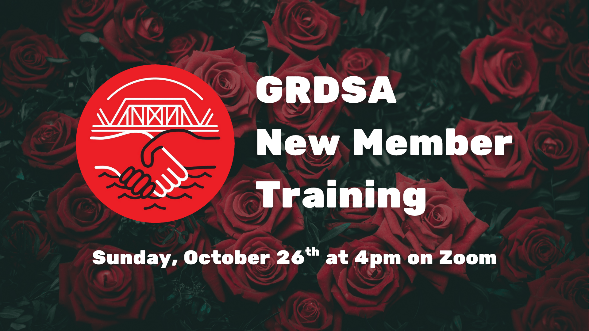 GRDSA Logo and event details over a background of red roses.