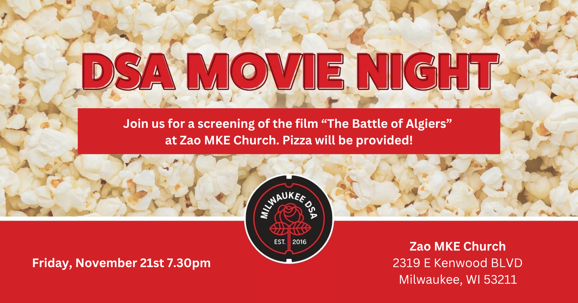 Image of popcorn and the event info