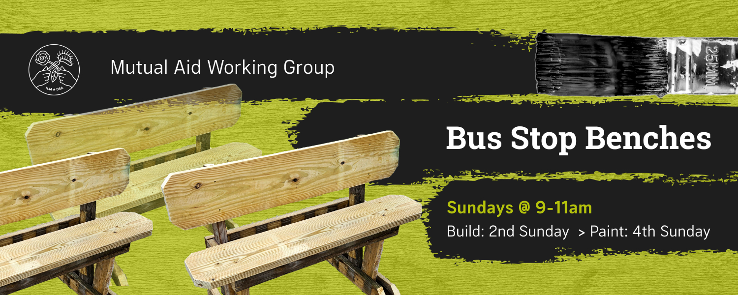 Green banner with benches and event info