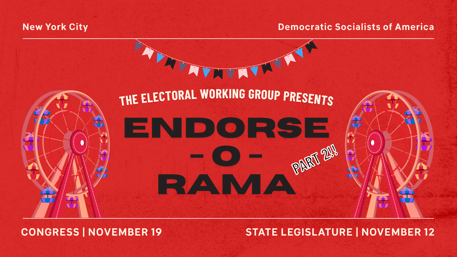 A colorful graphic with a carnival theme advertising the NYC-DSA electoral forums 