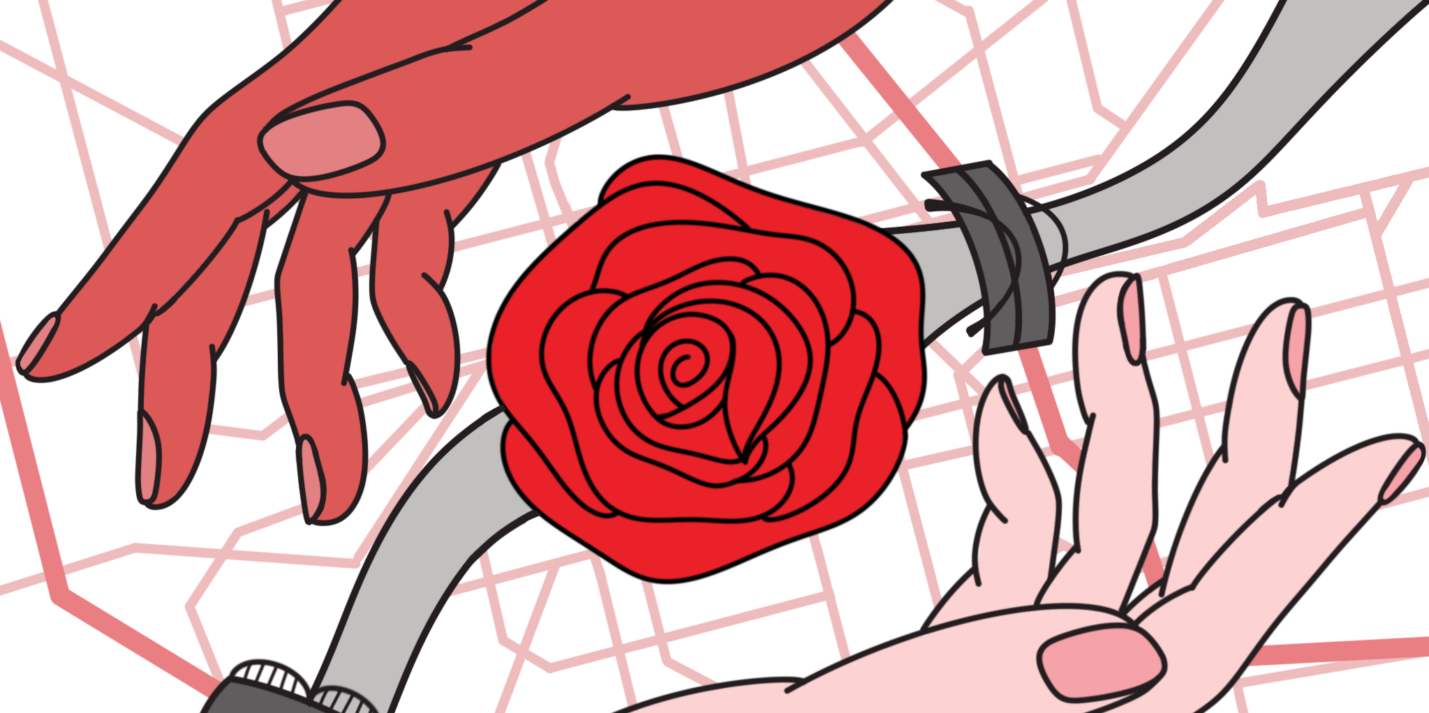 Two hands hovering over a rose over Rock Island on the Mississippi River