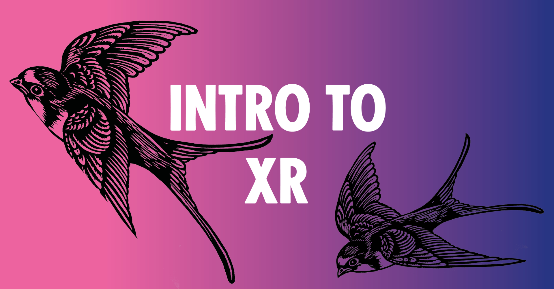 Swallow woodblock design - flying over pink to blue faded background