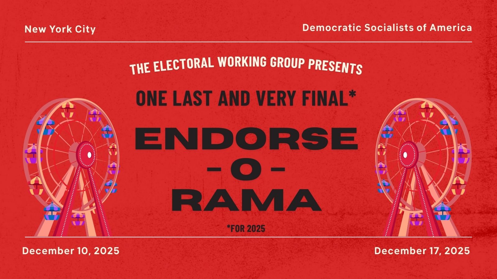A colorful graphic with a carnival theme advertising the NYC-DSA electoral forums 