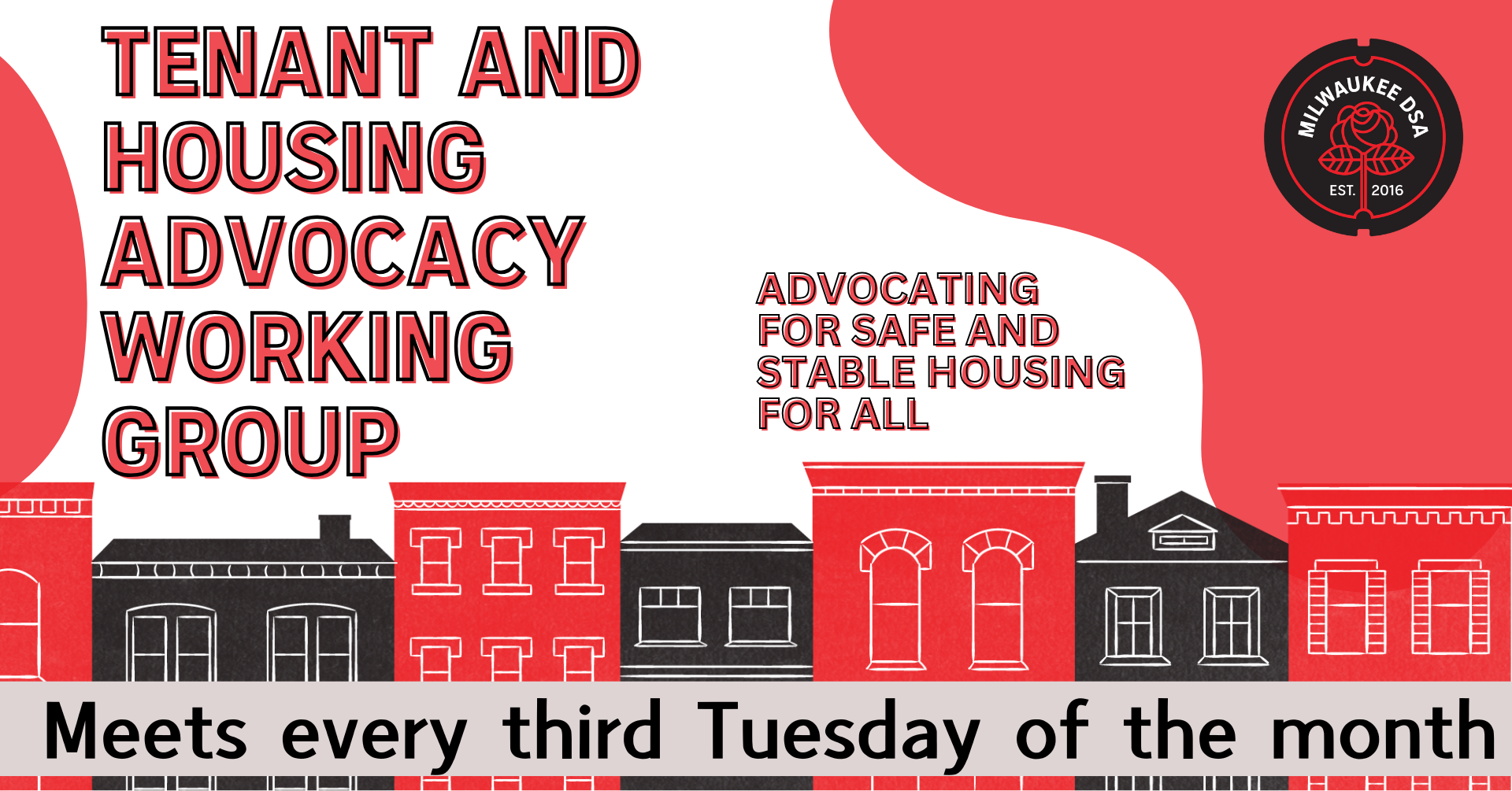 red and gray illustrated buildings with the event name and info