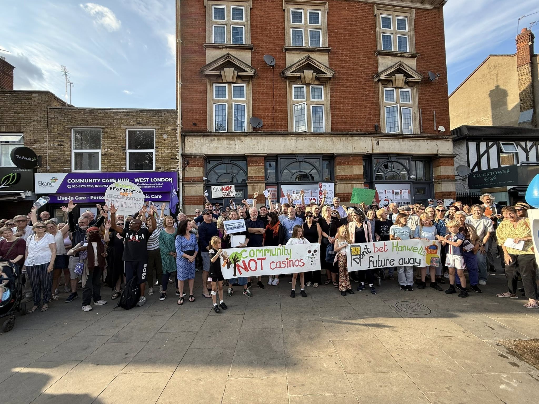 Around 100-150 residents at a demonstration against a proposed 24-hour casino in Hanwell, at Hanwell Clock Tower in July.