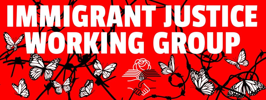 Immigrant Justice Working Group in white letters against a red background. The background is filled with barbed wire, symbolizing restricted movement, and butterflies, symbolizing migration