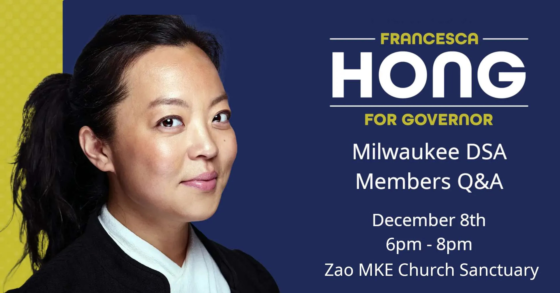 Photo of Fran Hong with the event name, time, and place