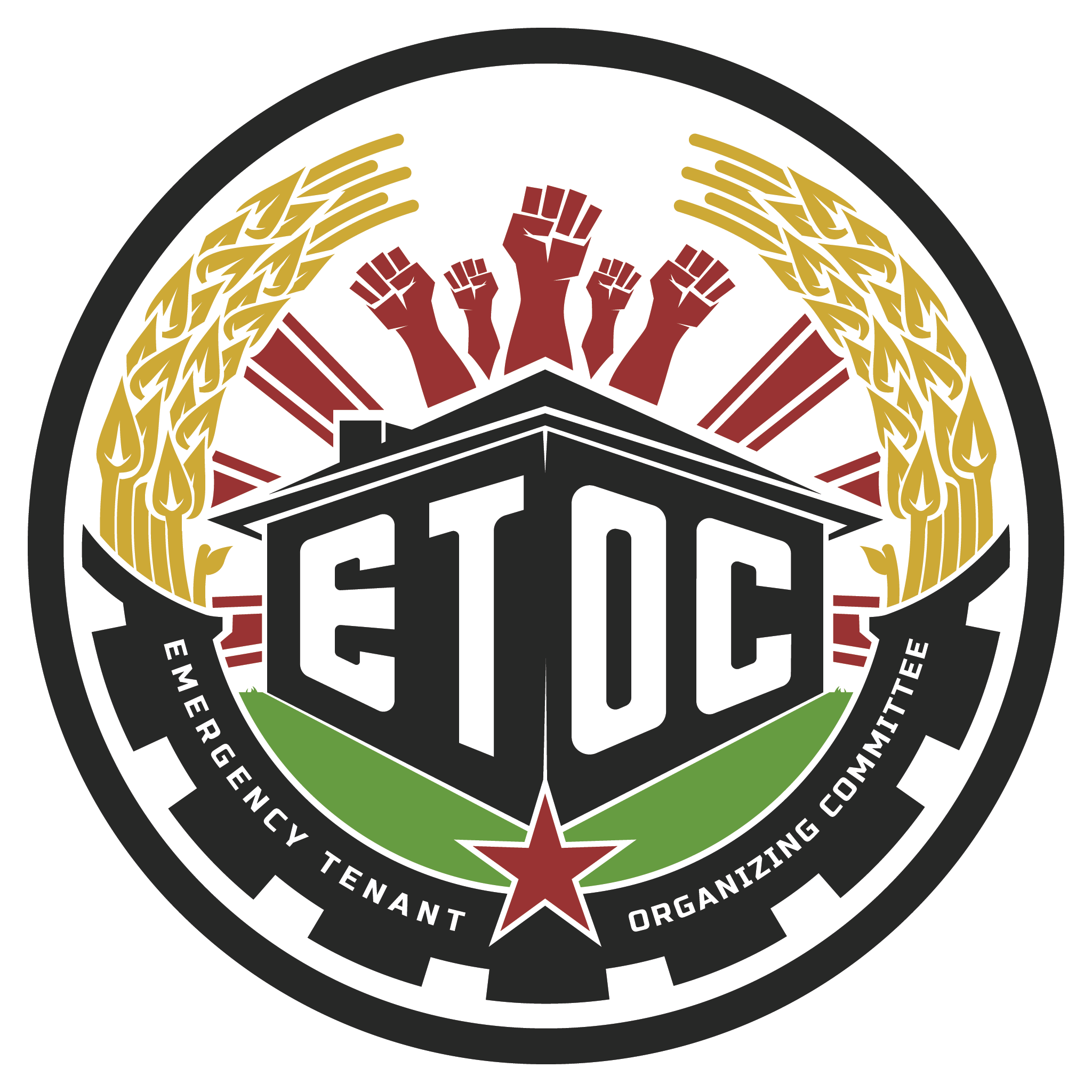 Emergency Tenant Organizing Committee logo. A house with raised fists behind it