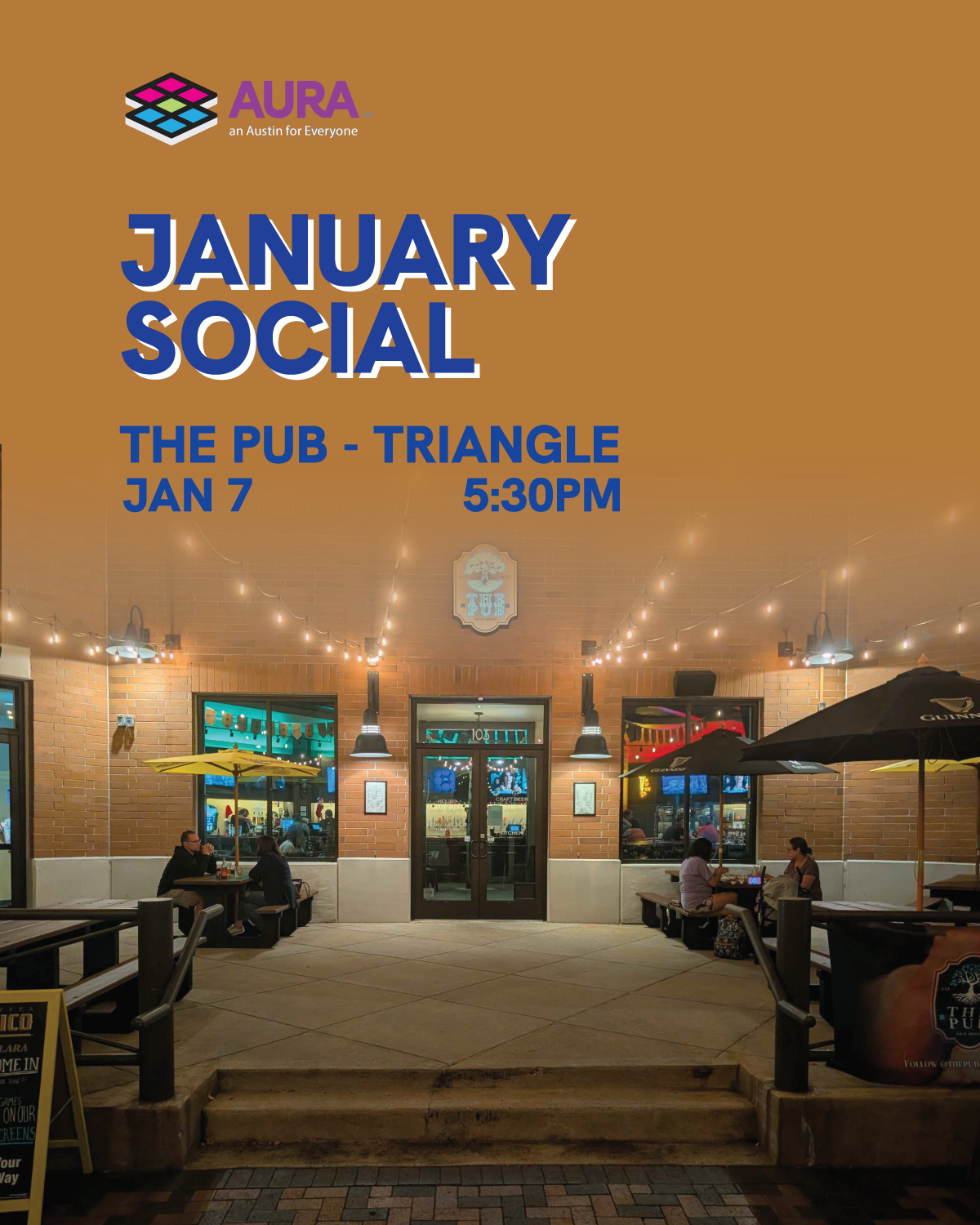 Picture of The Pub at the Triangle. Text says: January Social with AURA. Jan. 7 at 5:30 PM
