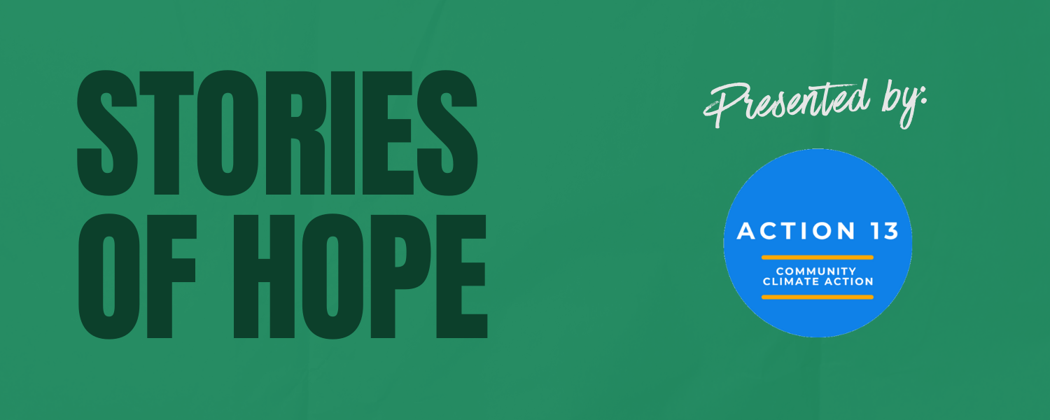 Green banner for Stories of Hope event presented by Action 13
