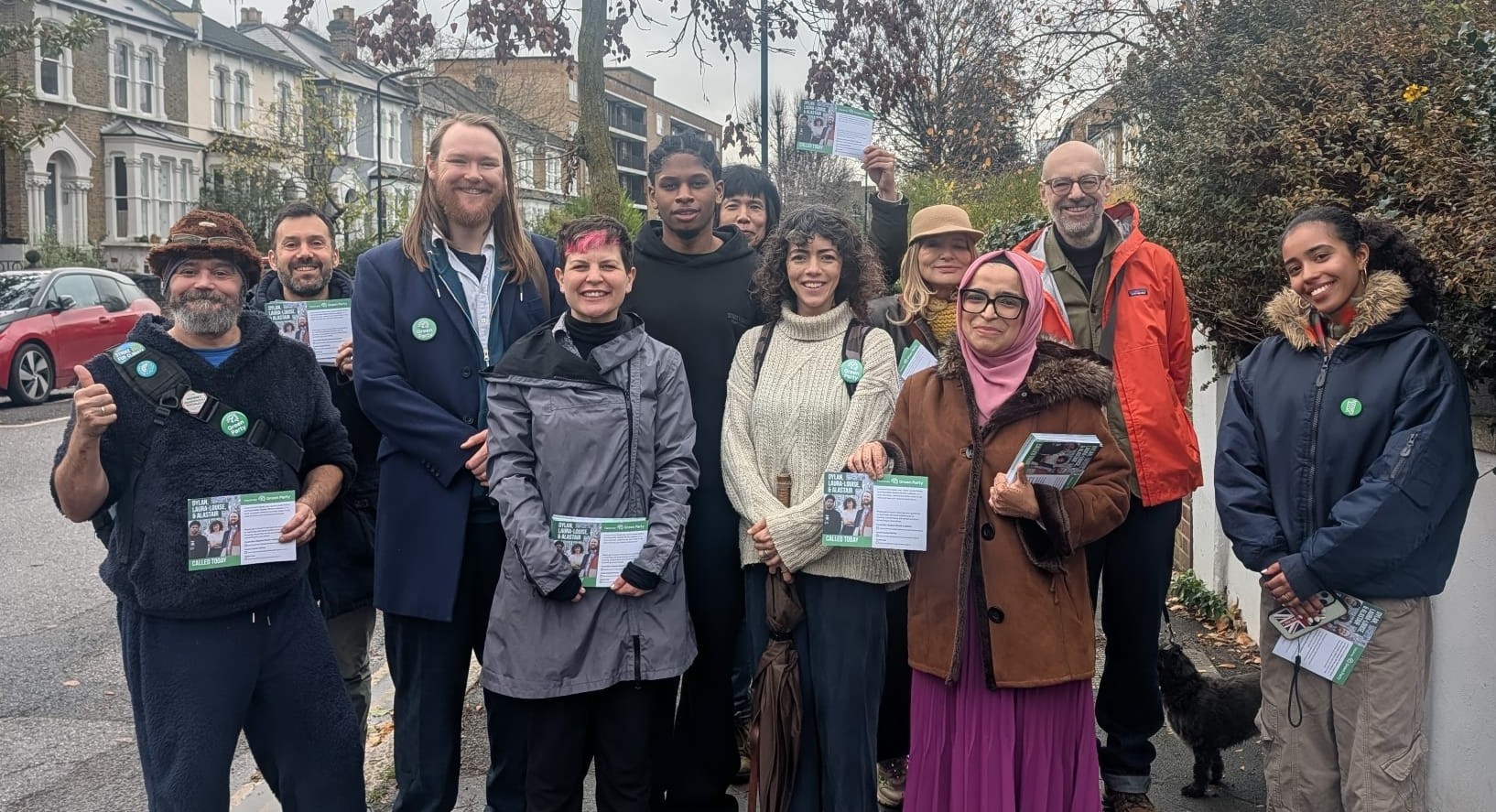 A group of Hackney Green Party door knockers with Green Party Mayor of Hackney candidate Zoë Garbett and Deputy Mayor of Hackney candidate Dylan Law