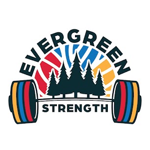 A forest background with a barbell underneath and the words "Evergreen Strength" surrounding