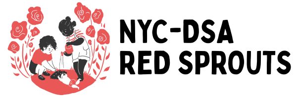 Logo for NYC-DSA's Red Sprouts with three children tending to a garden 