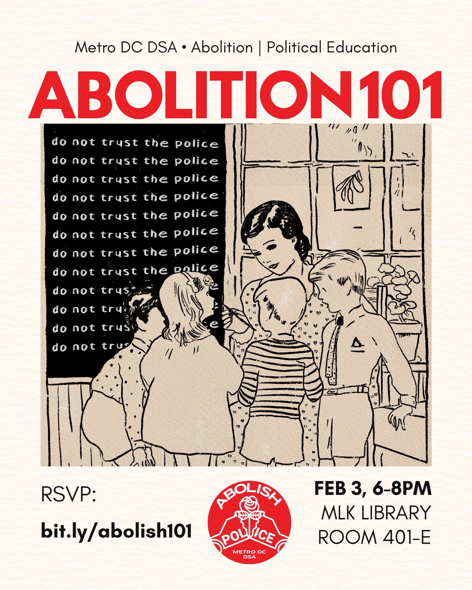 An image showing a woman at a blackboard, showing children the lines of text written on the blackboard, which say "don't trust the police"