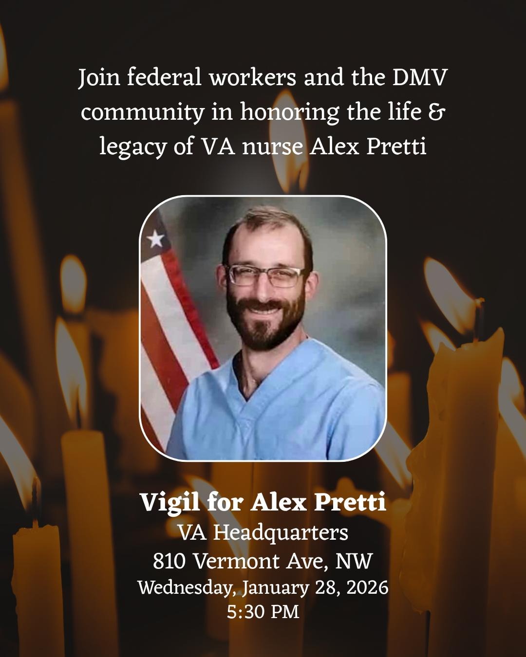 Alex Pretti Memorial event information, with a picture of Alex's government portrait