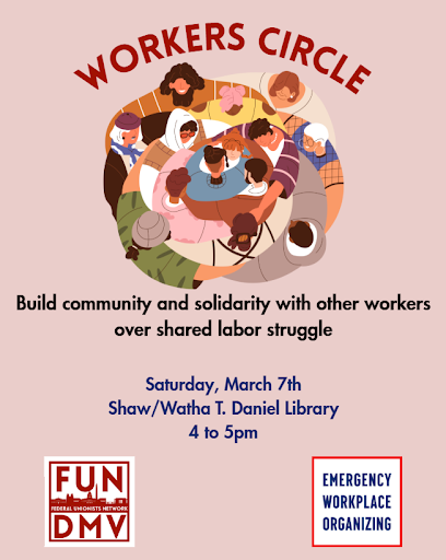 A graphic of individuals in a circular group hug is on top text with the details of the event. The bottom has the Federal Unionist Network and Emergency Workplace Organizing Committee logos