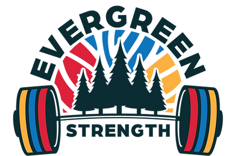 A forest background with a barbell underneath and the words "Evergreen Strength" surrounding