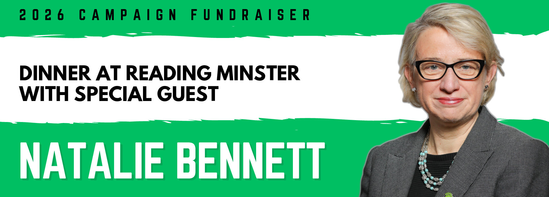 Banner advertising the dinner with photo of Natalie Bennett on the right hand side and text describing the dinner event on the right. Green bars run across the background.