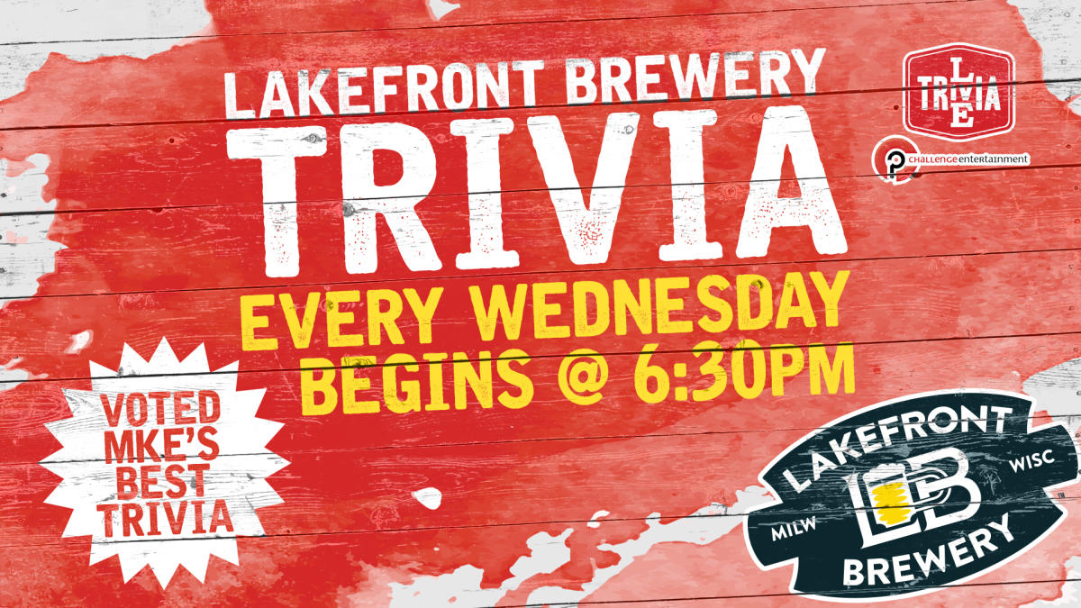 Red image with the words Lakefront Brewery Trivia
