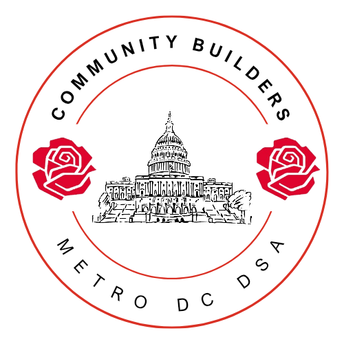 Community Builders logo, with a drawn facade of the US Capitol surrounded by a red circle with roses on two ends and the words "Community Builders" & "Metro DC DSA" along it.