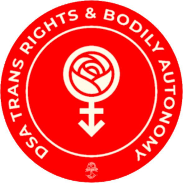 Circular red logo that reads "DSA Trans Rights & Bodily Autonomy" with a rose inside of a circle that has a downward arrow with a bar across it, as a combination of the male and female gender symbols.