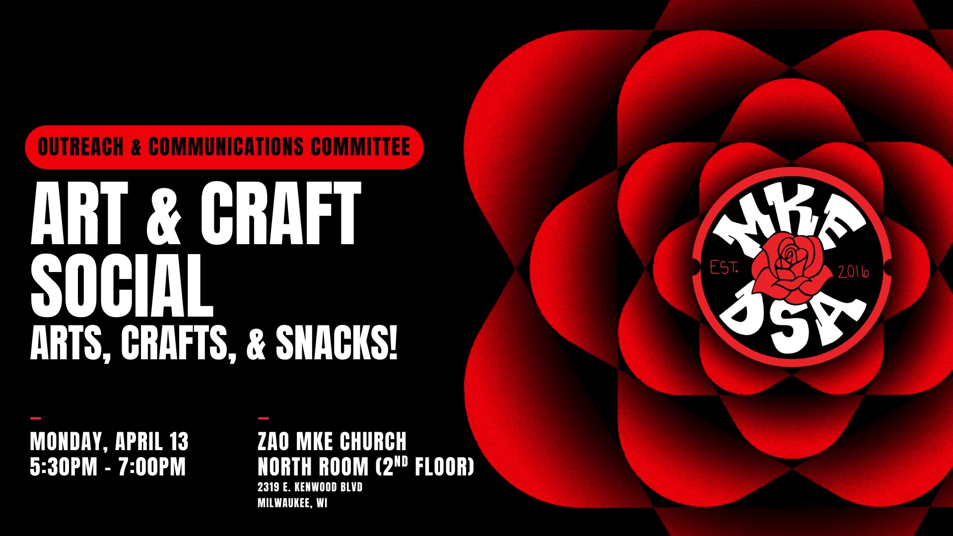 Red and black image including an abstract rose and the words art and craft social