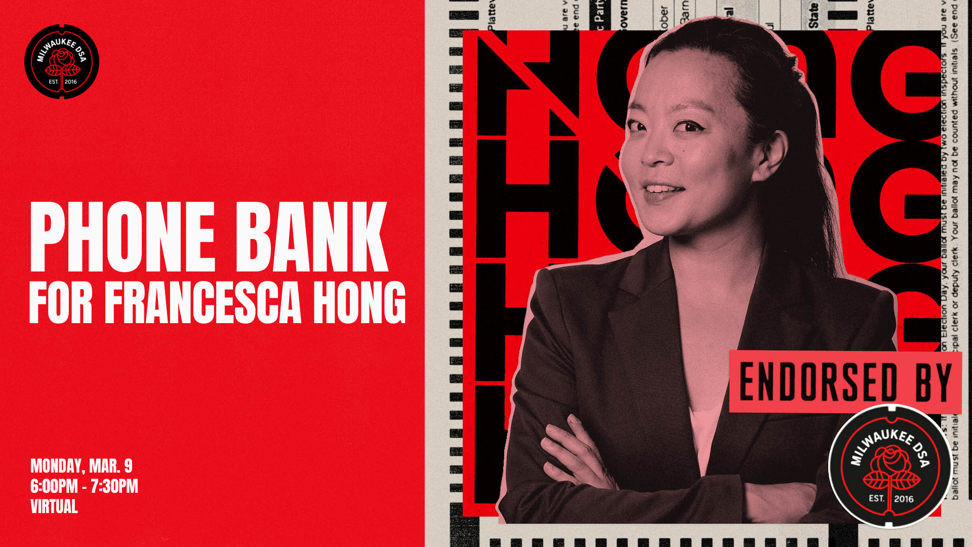 Image includes photo of Francesca Hong along with the words phone bank for Francesca Hong