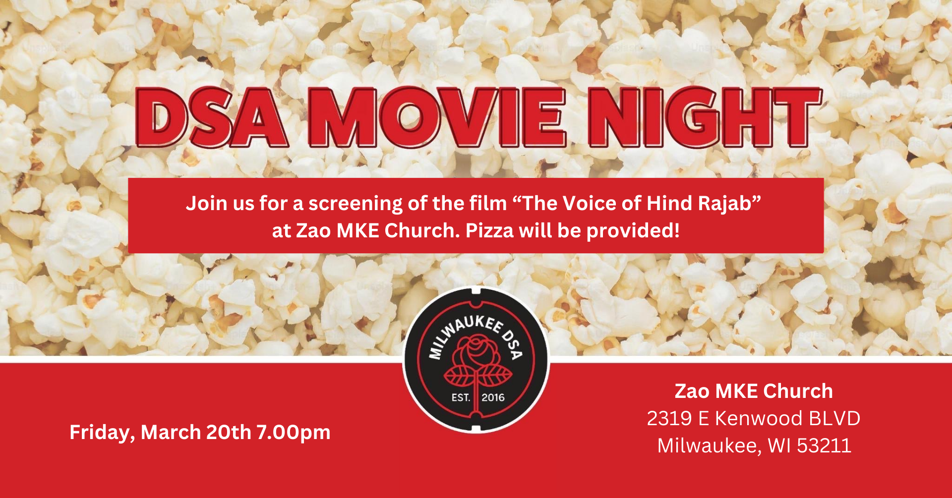 Image of popcorn and the event info