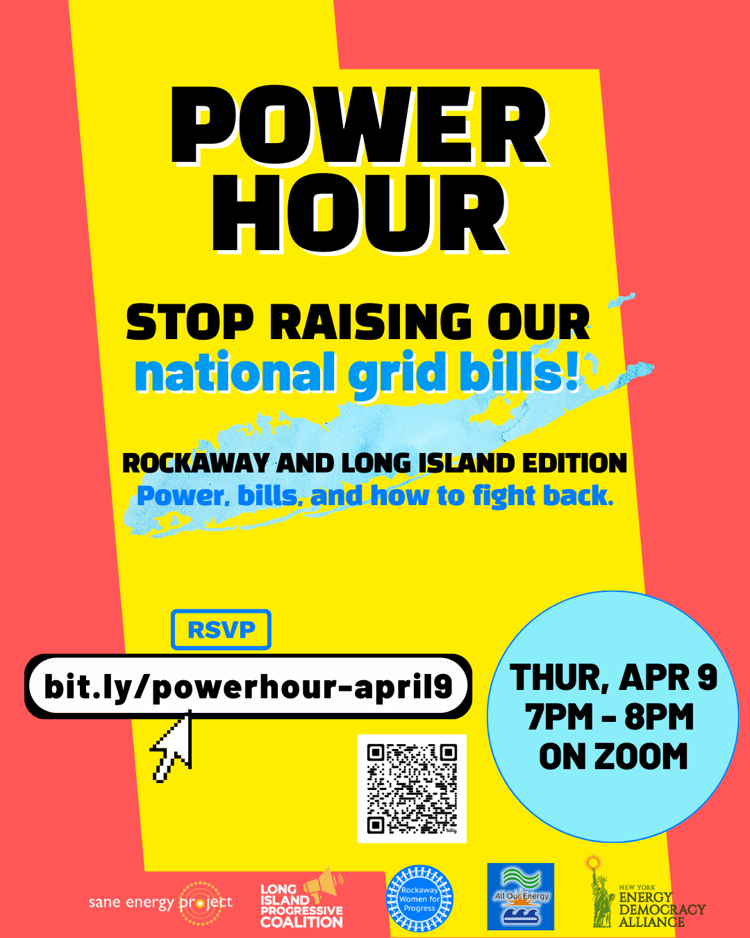 Poster for the event, which reads, "Power Hour: Stop Raising Our National Grid Bills! Long Island Edition. Power, bills, and how to fight back."