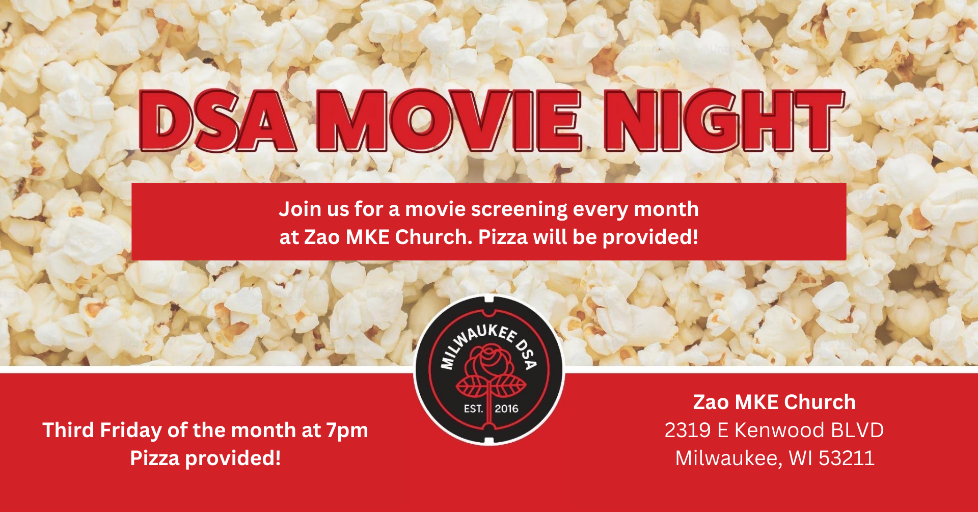 Image of popcorn and the event info