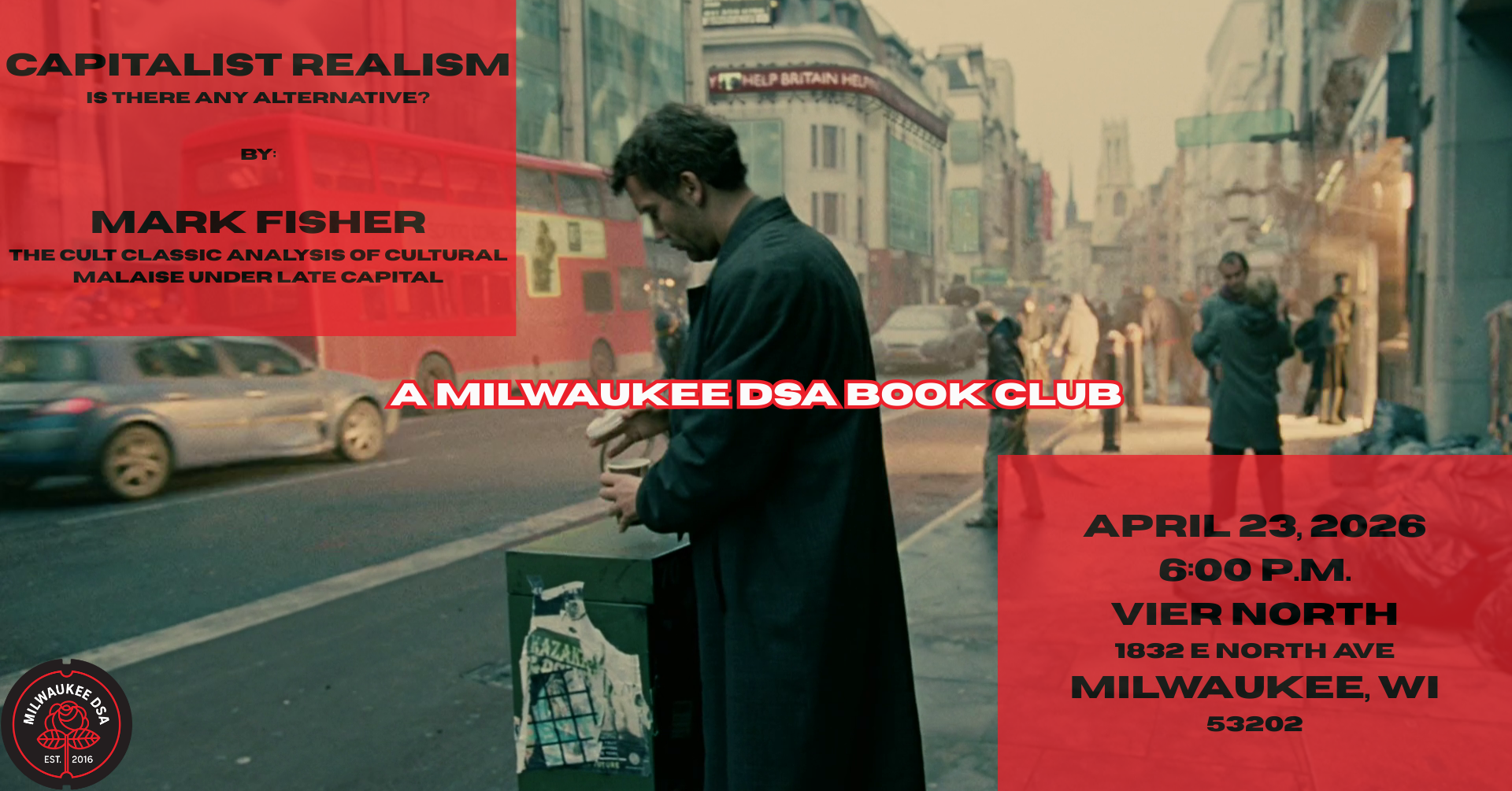 Image of man in a city with information about the event