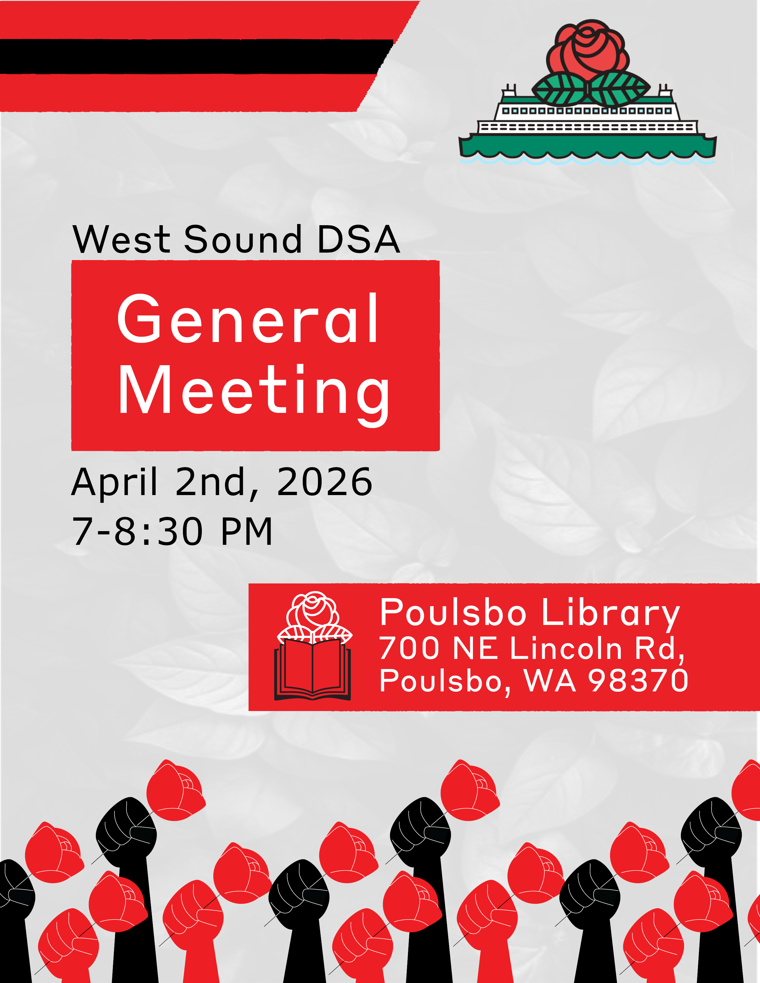 West Sound DSA April GM, 7pm to 8:30pm at Poulsbo Library