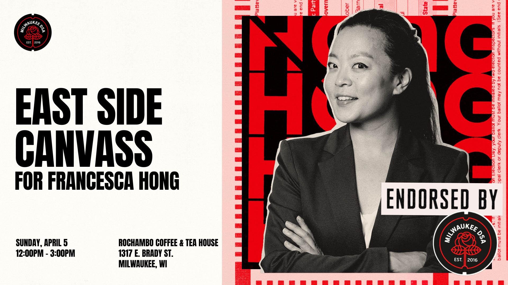 Image of Francesca Hong along with the words East Side Canvass for Francesca Hong