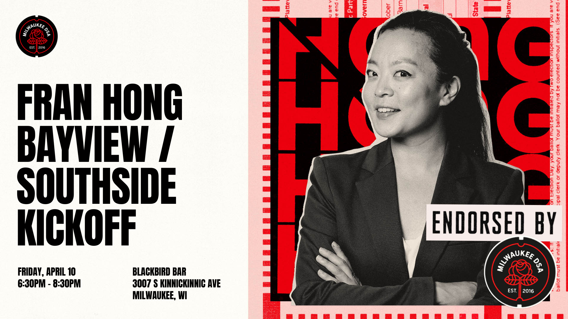 Image of Francesca Hong along with the words Fran Hong Bayview South Side Kickoff