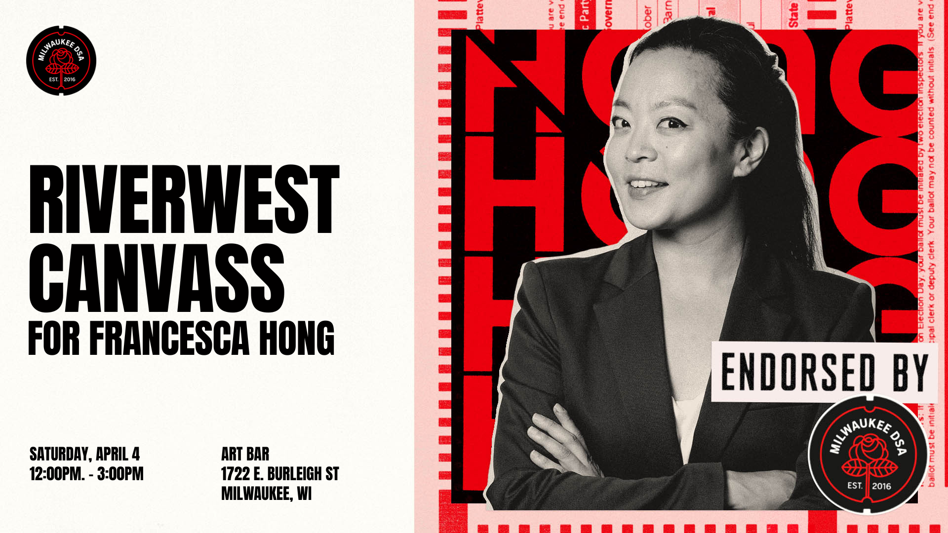 Image of Francesca Hong along with the words Riverwest Canvass for Francesca Hong