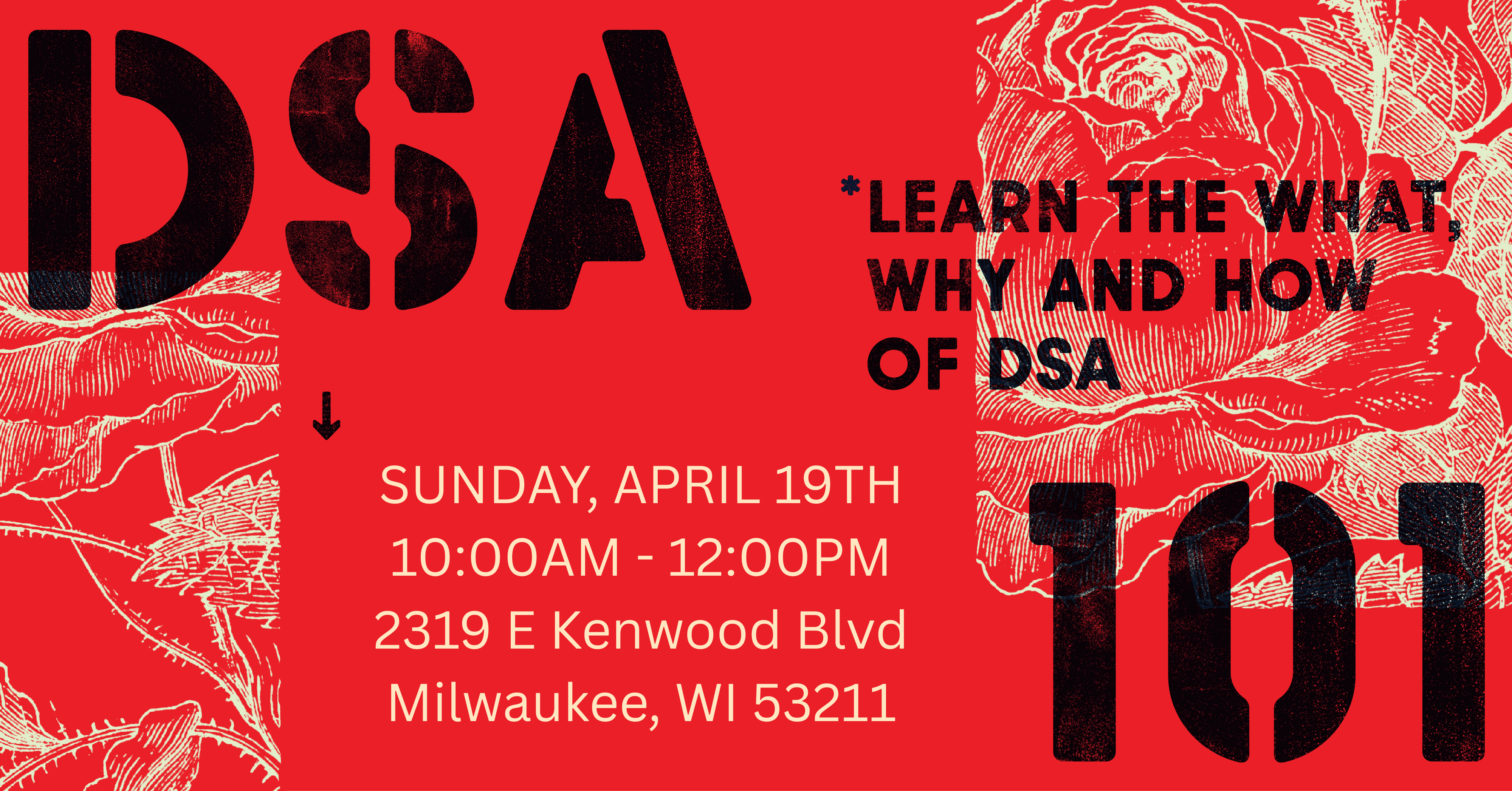 Red image with the words DSA 101 and additional event information